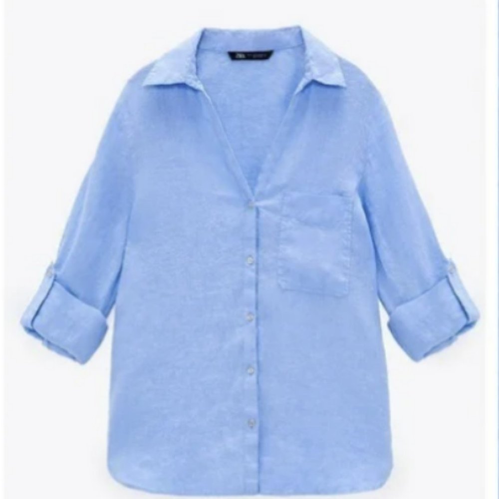 ZARA Light Blue Plain 100% Linen Shirt. Size Small